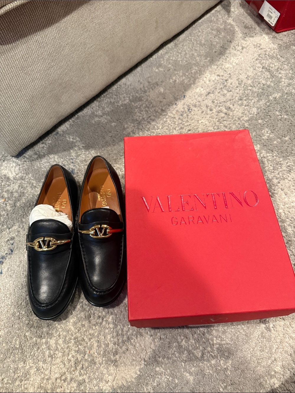 Valentino Garavani Black Leather Loafers with Gold V-Bit Hardware size 38